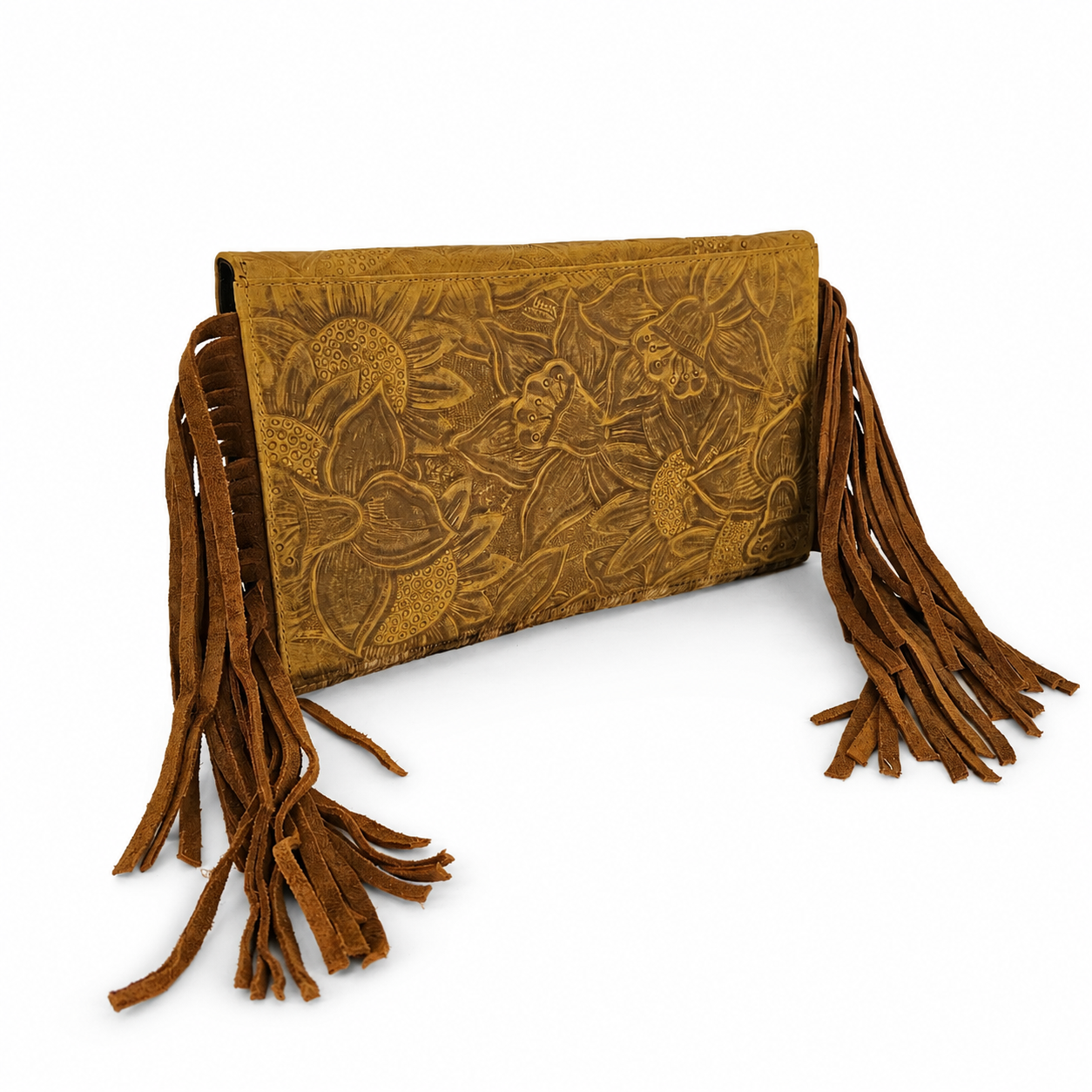 A brown suede clutch bag with an embossed floral pattern and long fringe tassels on both sides, shown on a plain white background.