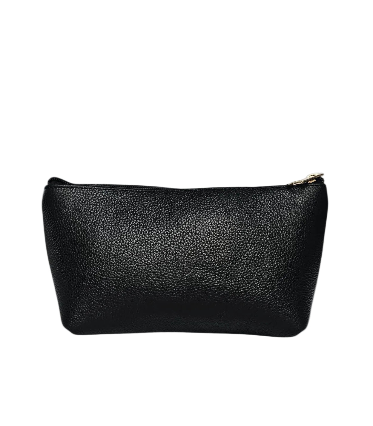 Black leather pouch with a gold zipper on a white background