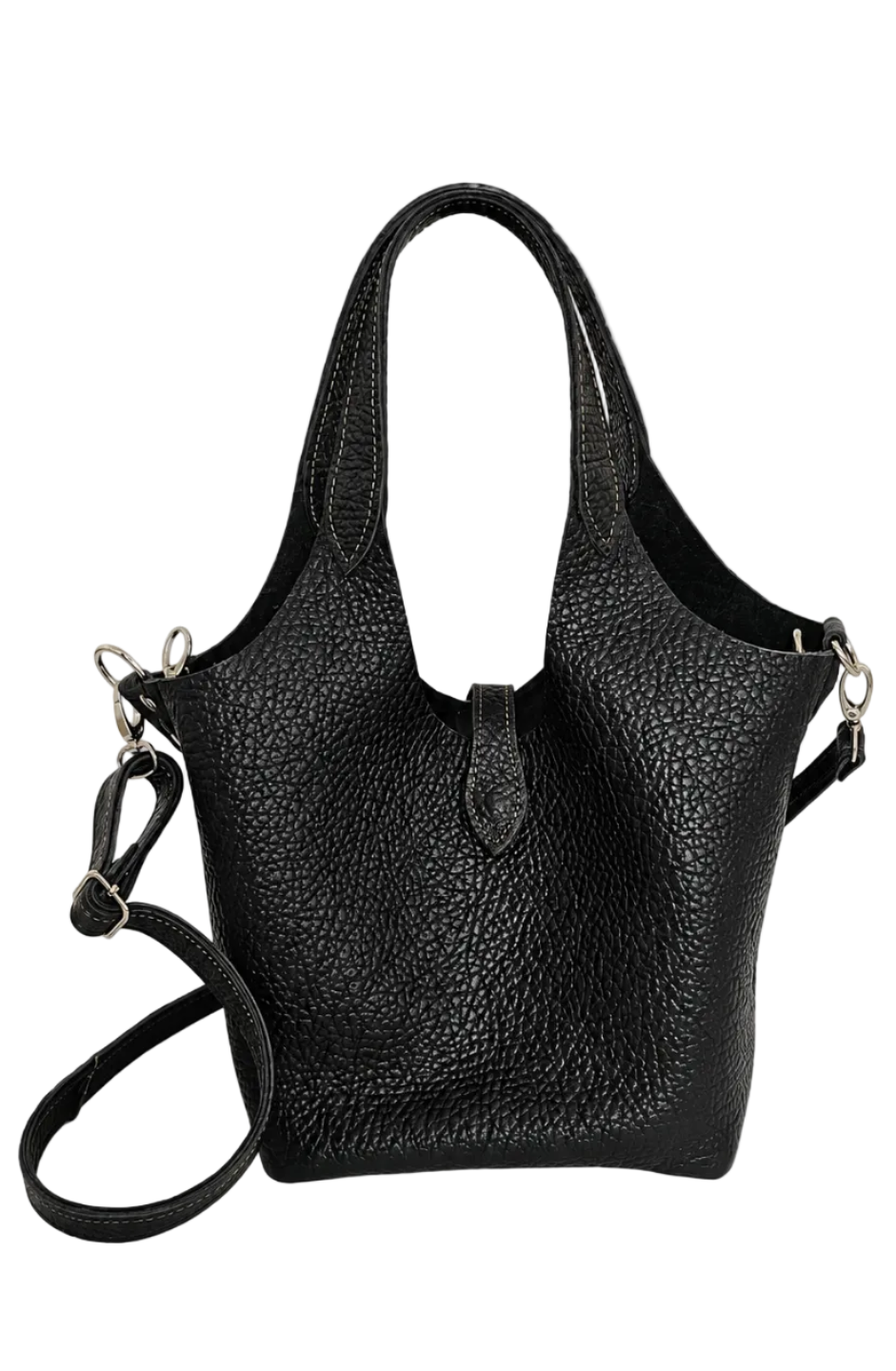 A black pebbled leather hobo-style handbag with dual top handles and a detachable shoulder strap