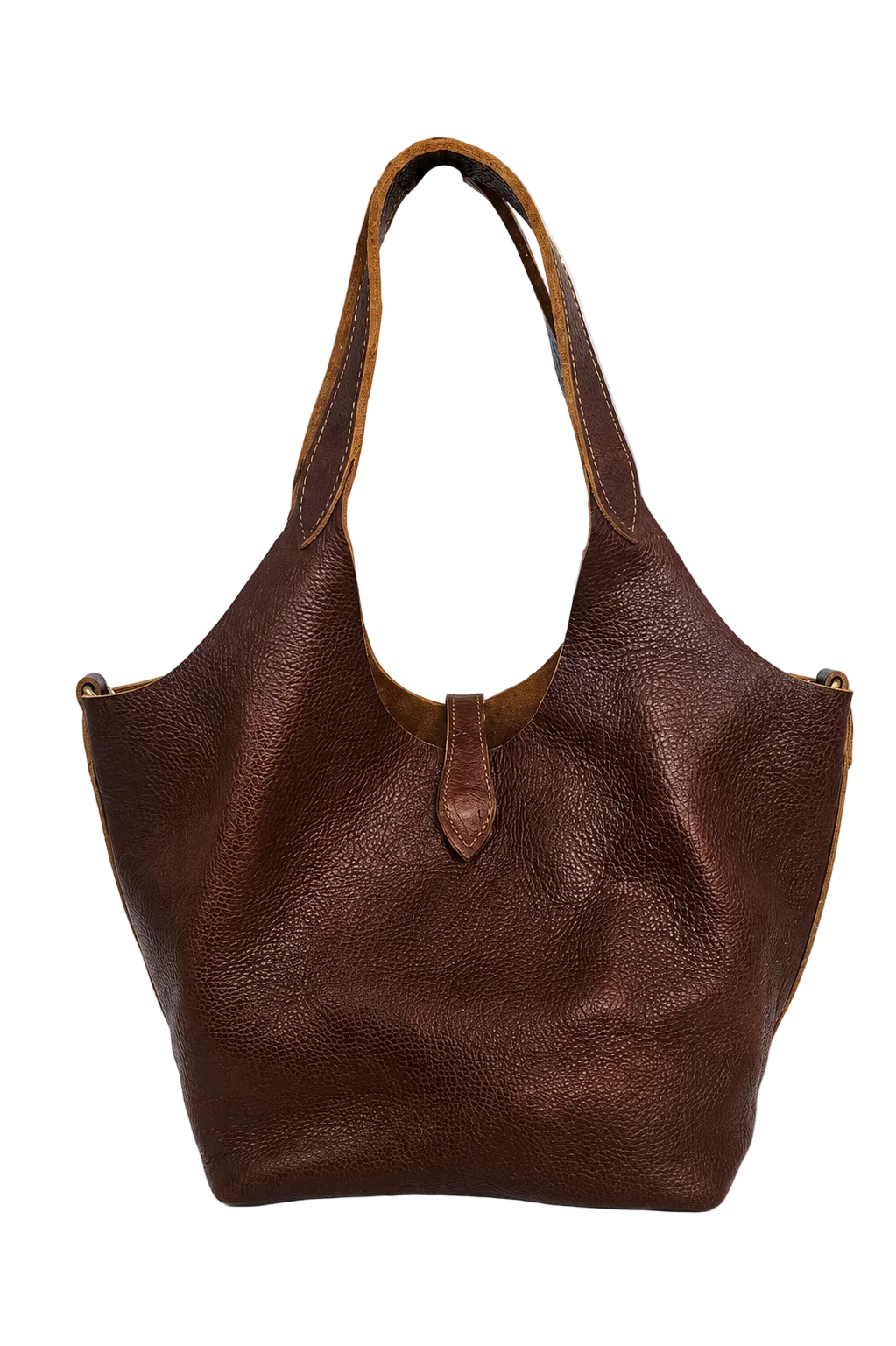 A brown leather shoulder tote bag with crossbody strap