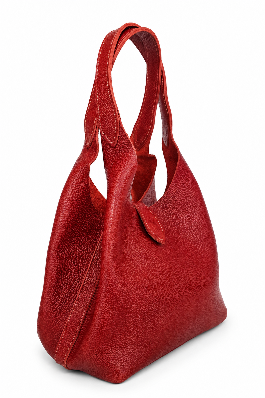 A red pebbled leather hobo handbag with dual shoulder straps