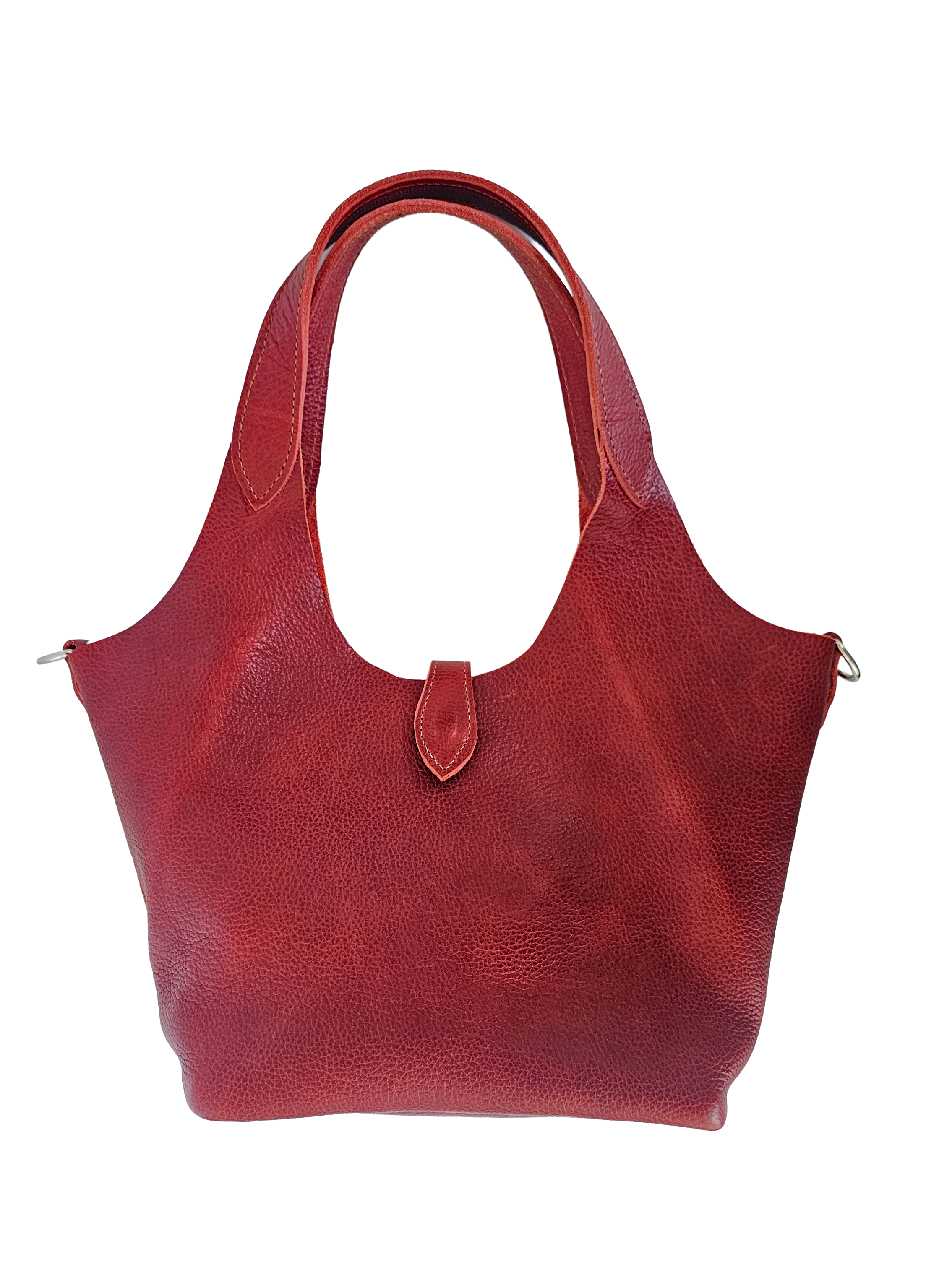 A red leather hobo-style shoulder bag with double top handles, and a small front tab closure