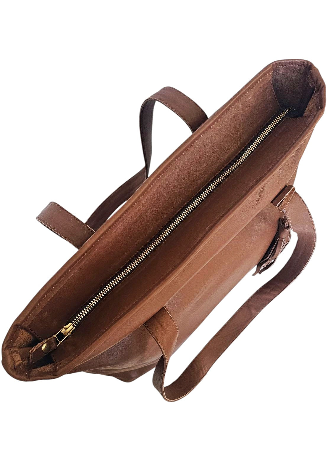 Brown leather bag with gold zipper on a white background