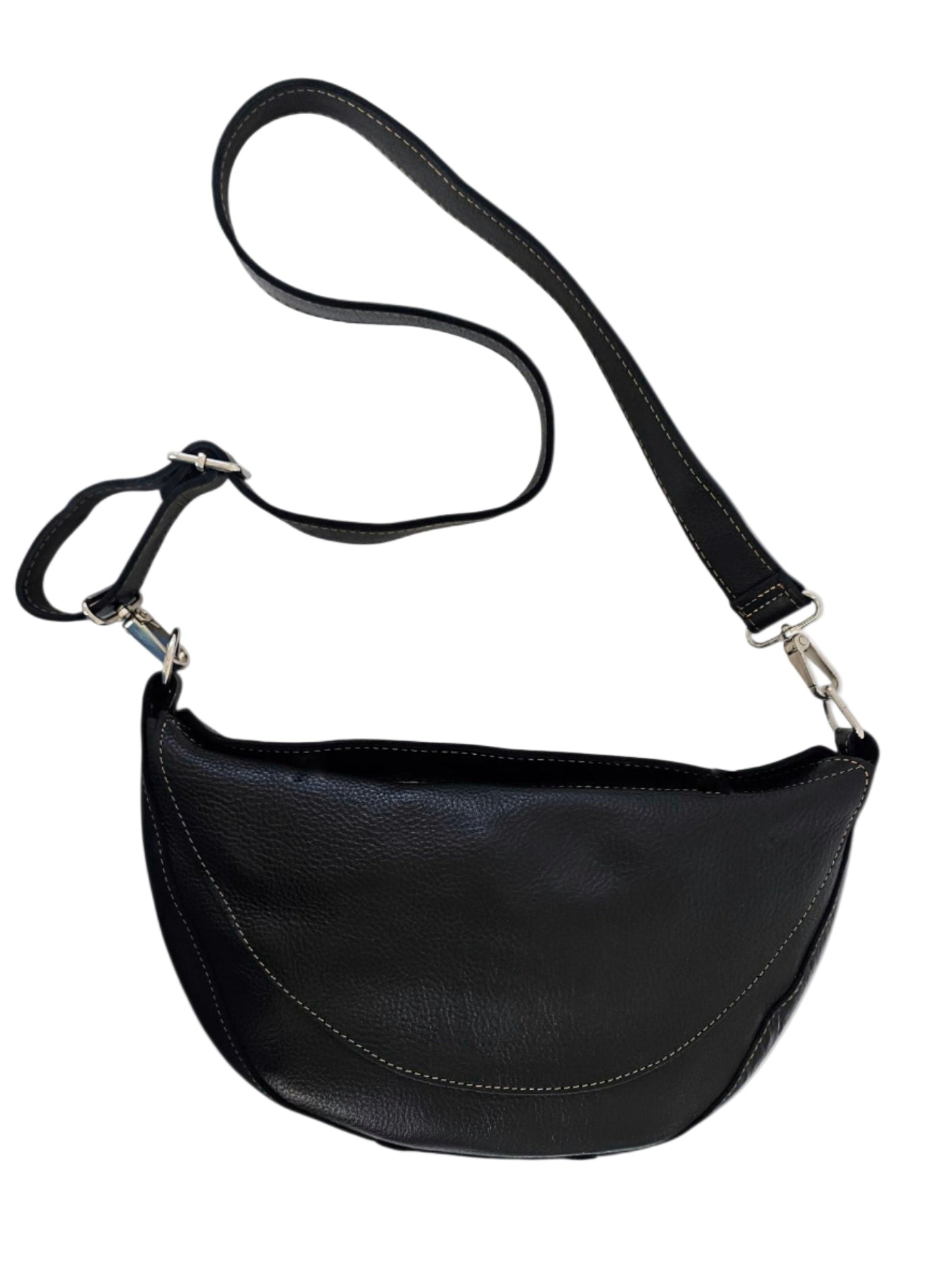 Black leather handbag with a crossbody strap