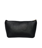 Black leather pouch with a gold zipper on a white background