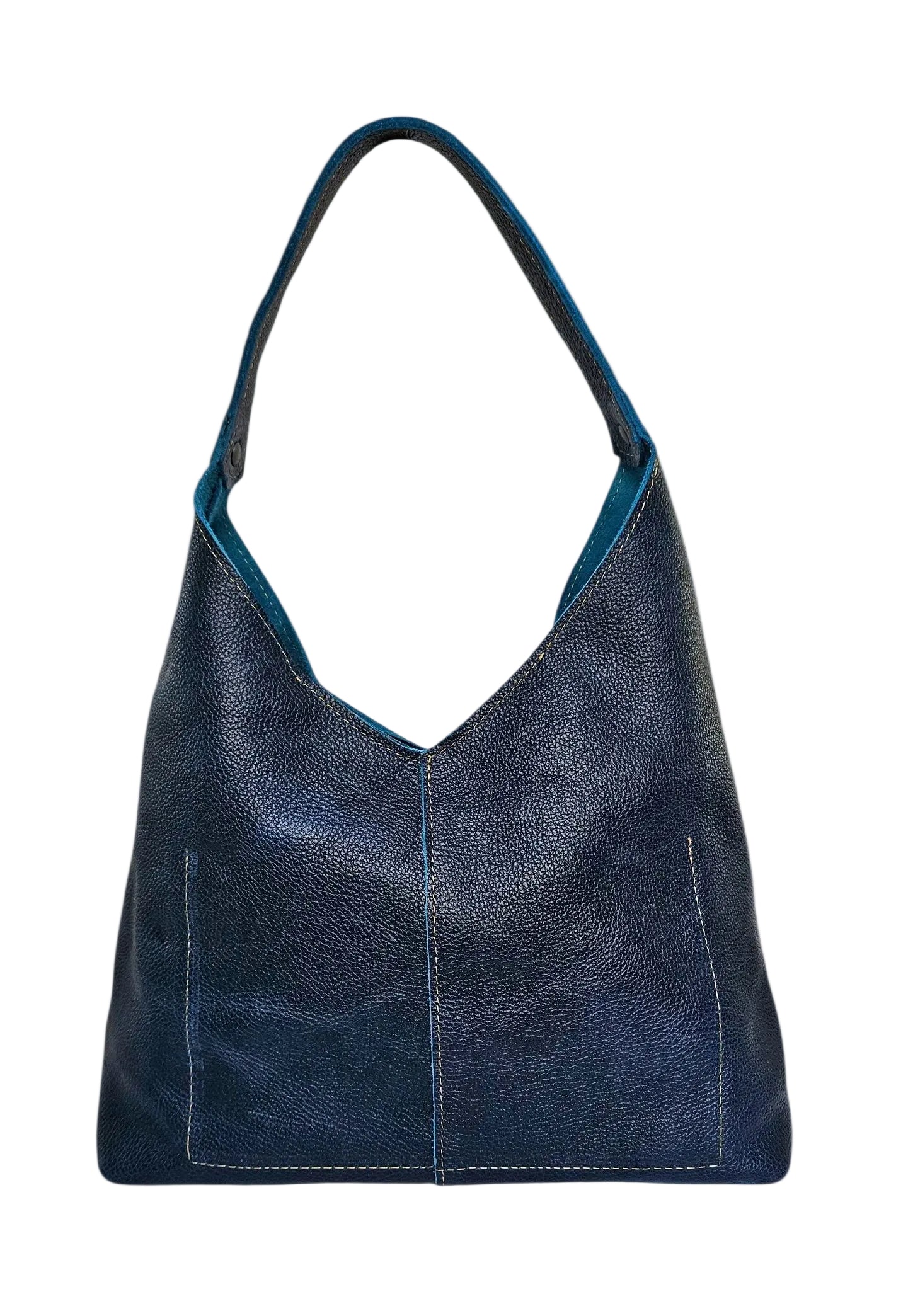 Blue full grain leather shoulder bag with interior compartments