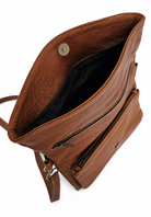 Brown leather bag with a zipper on a white background