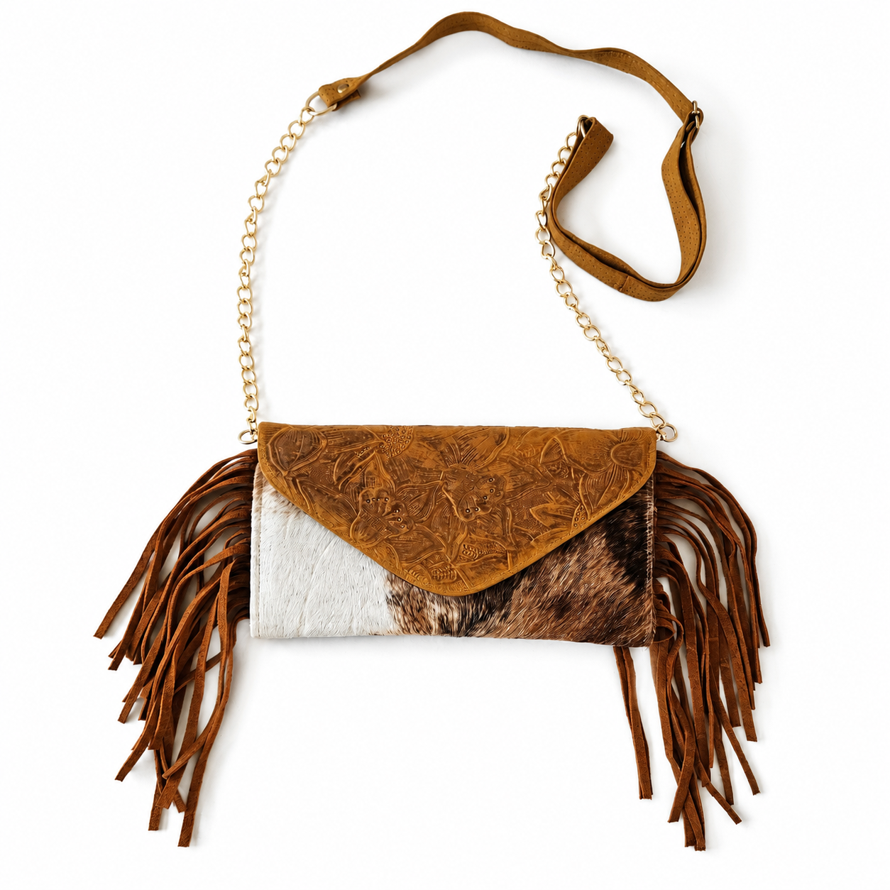 Golden Ochre Rodeo leather crossbody clutch with natural hair-on hide, fringe, gold chain and adjustable strap