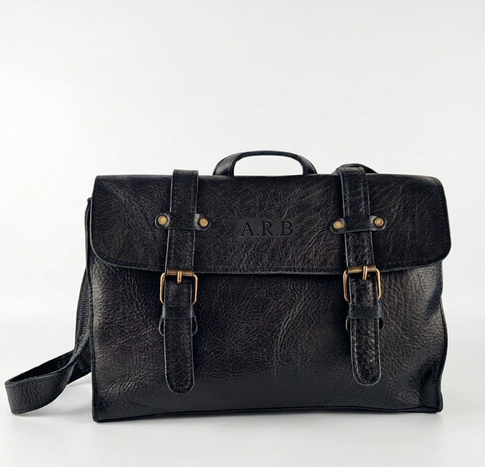 Black leather satchel with gold buckles on a white background