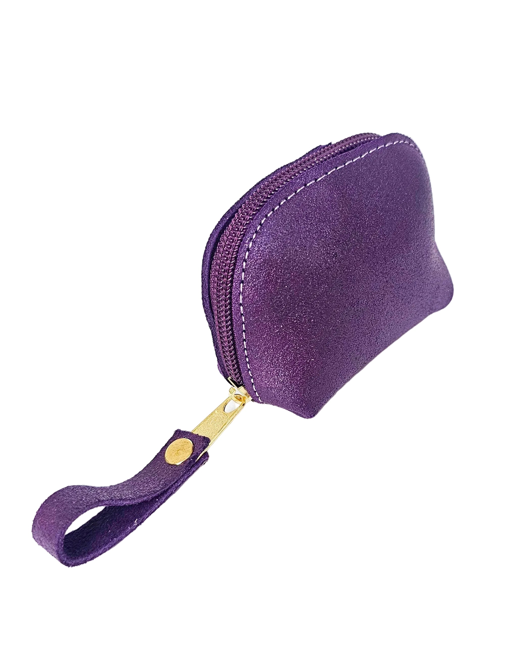 Purple zippered pouch with a gold zipper pull on a white background