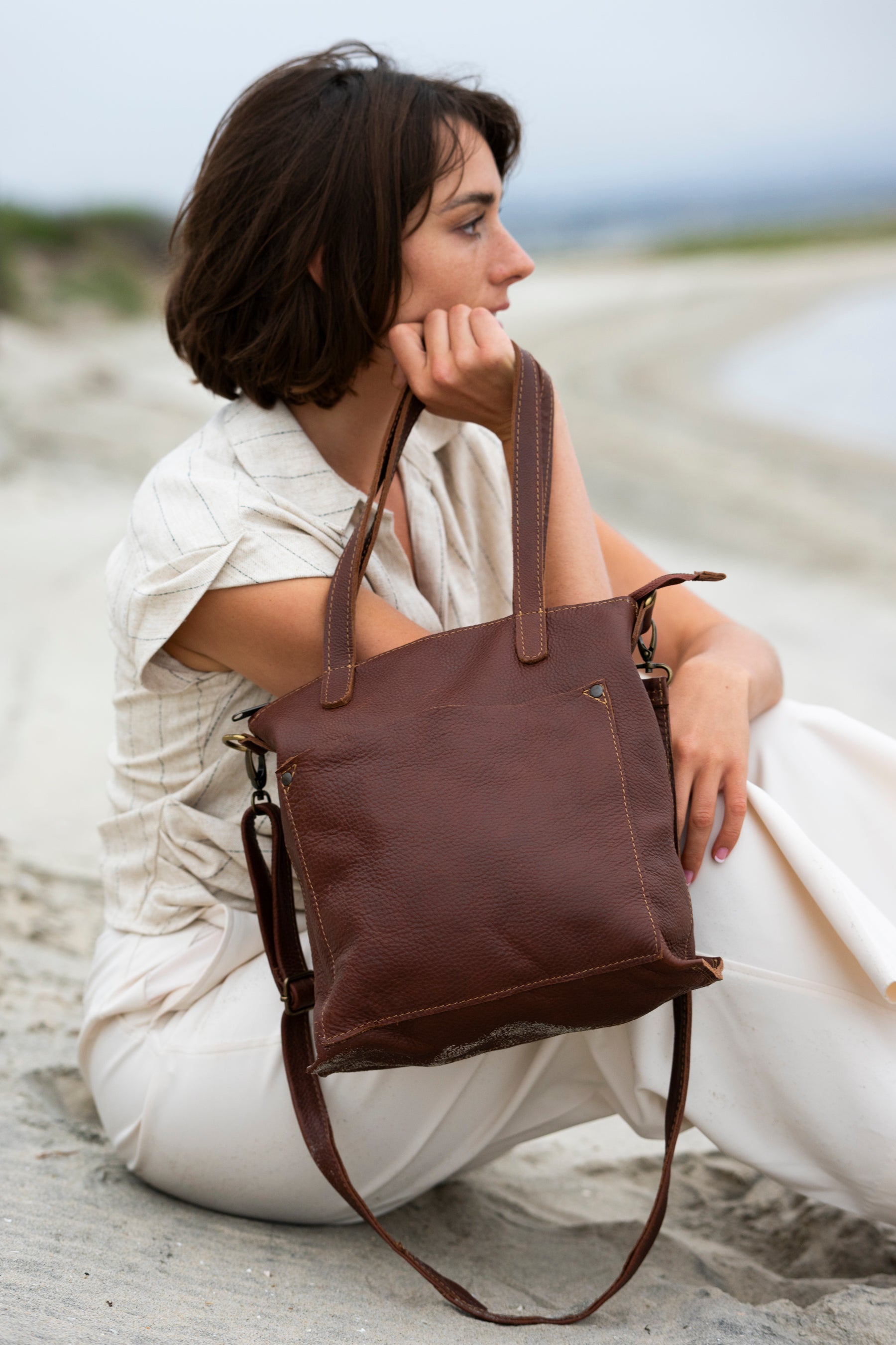 Amara Crossbody Tote Bag -Brown by MBH Leather, product view 1