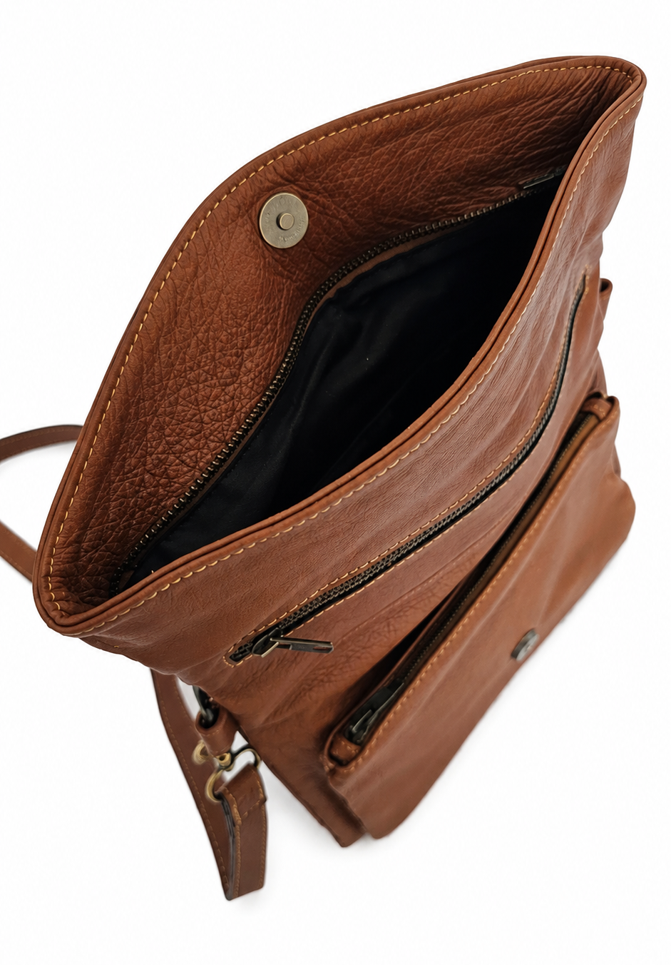 Brown leather bag with a zipper on a white background