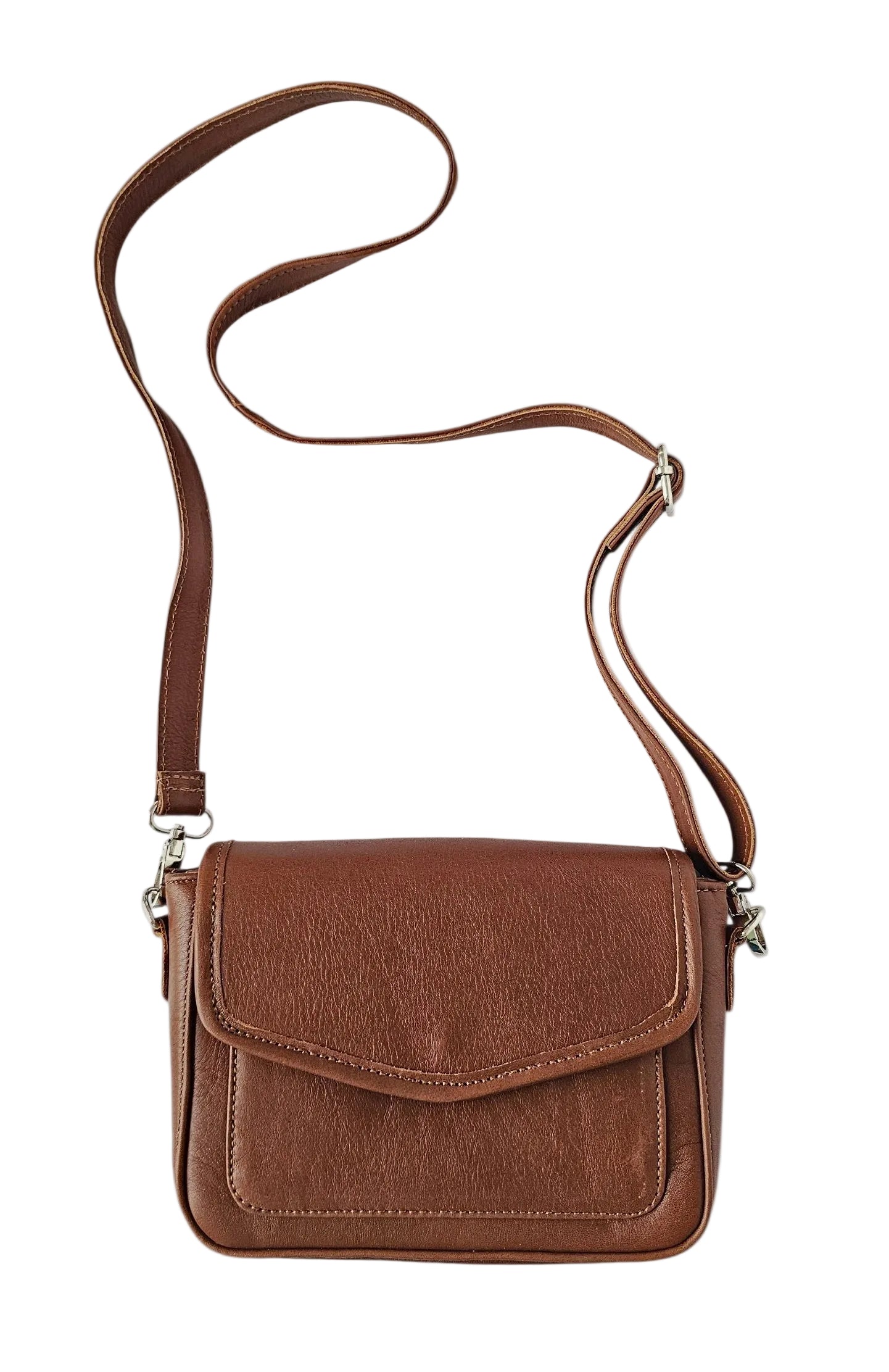 Brown leather crossbody bag on a white background