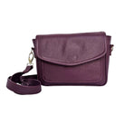 Purple leather crossbody bag on a white background