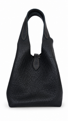 A black pebbled leather shoulder bag with a structured silhouette