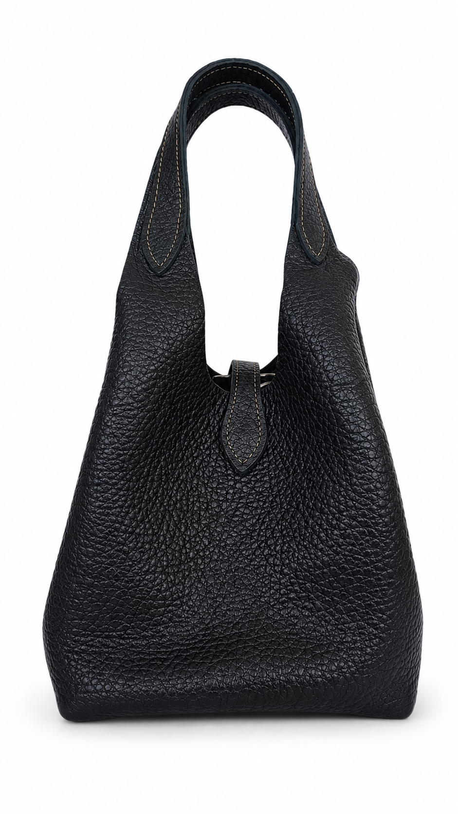 A black pebbled leather shoulder bag with a structured silhouette