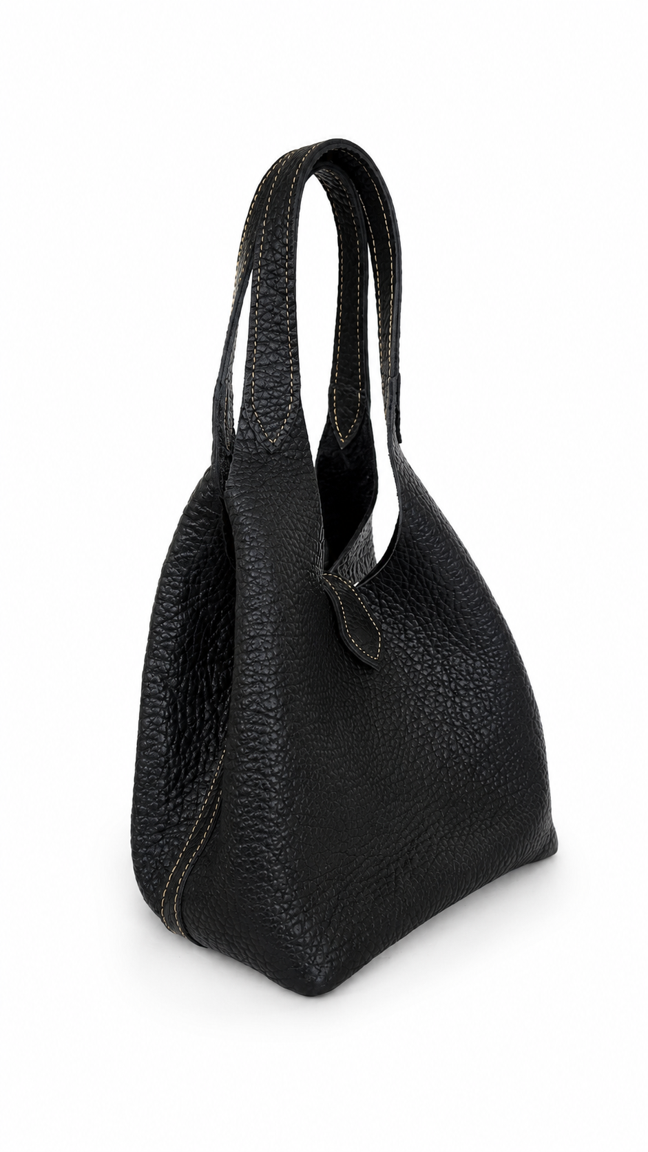 A black pebbled leather handbag with dual top handles