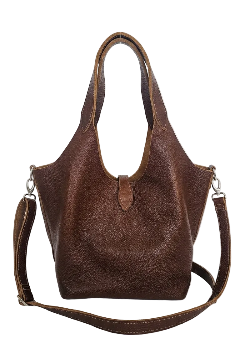 A brown textured leather hobo handbag with a matching detachable crossbody strap