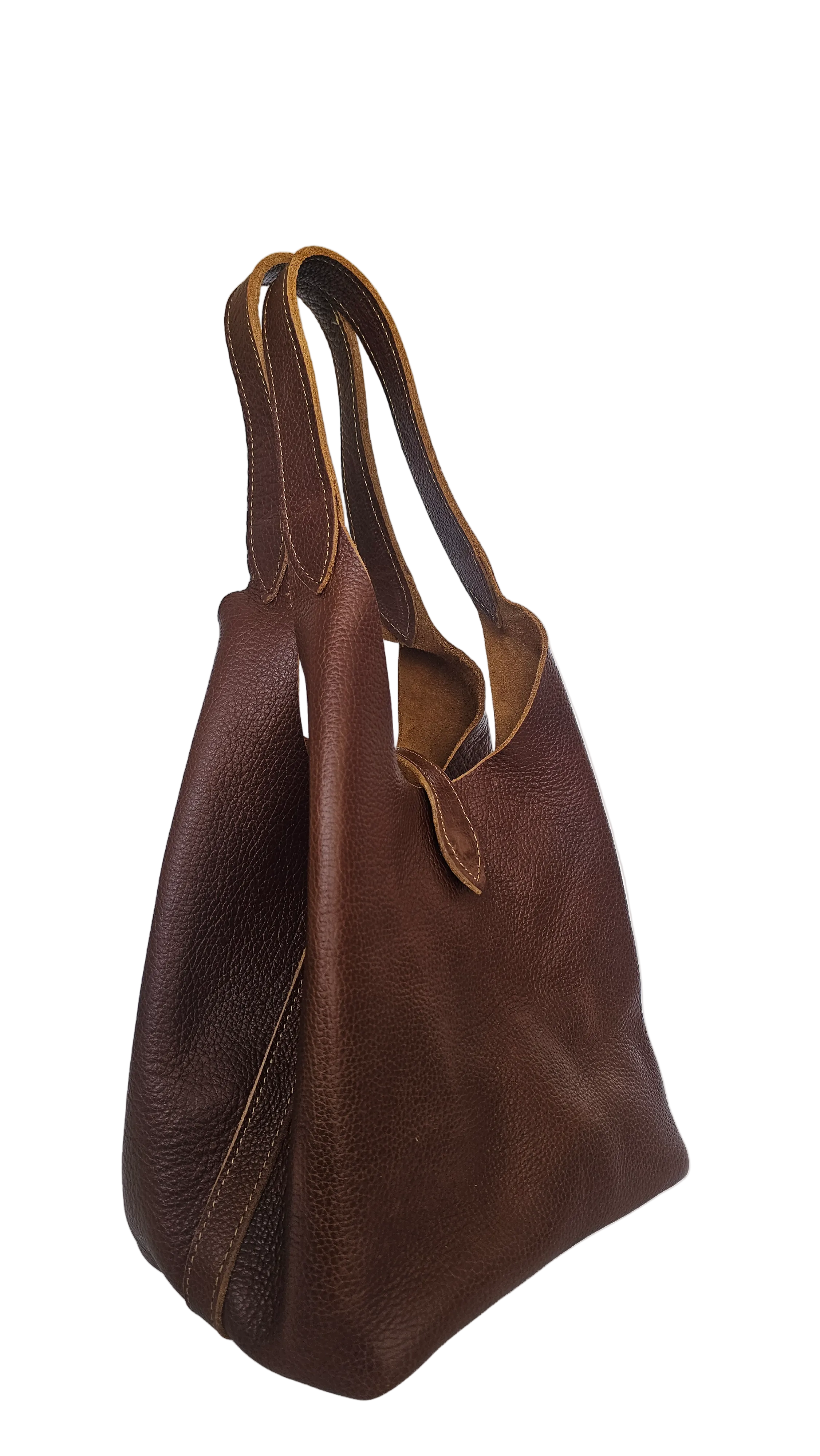 A brown pebbled leather hobo shoulder bag with double straps
