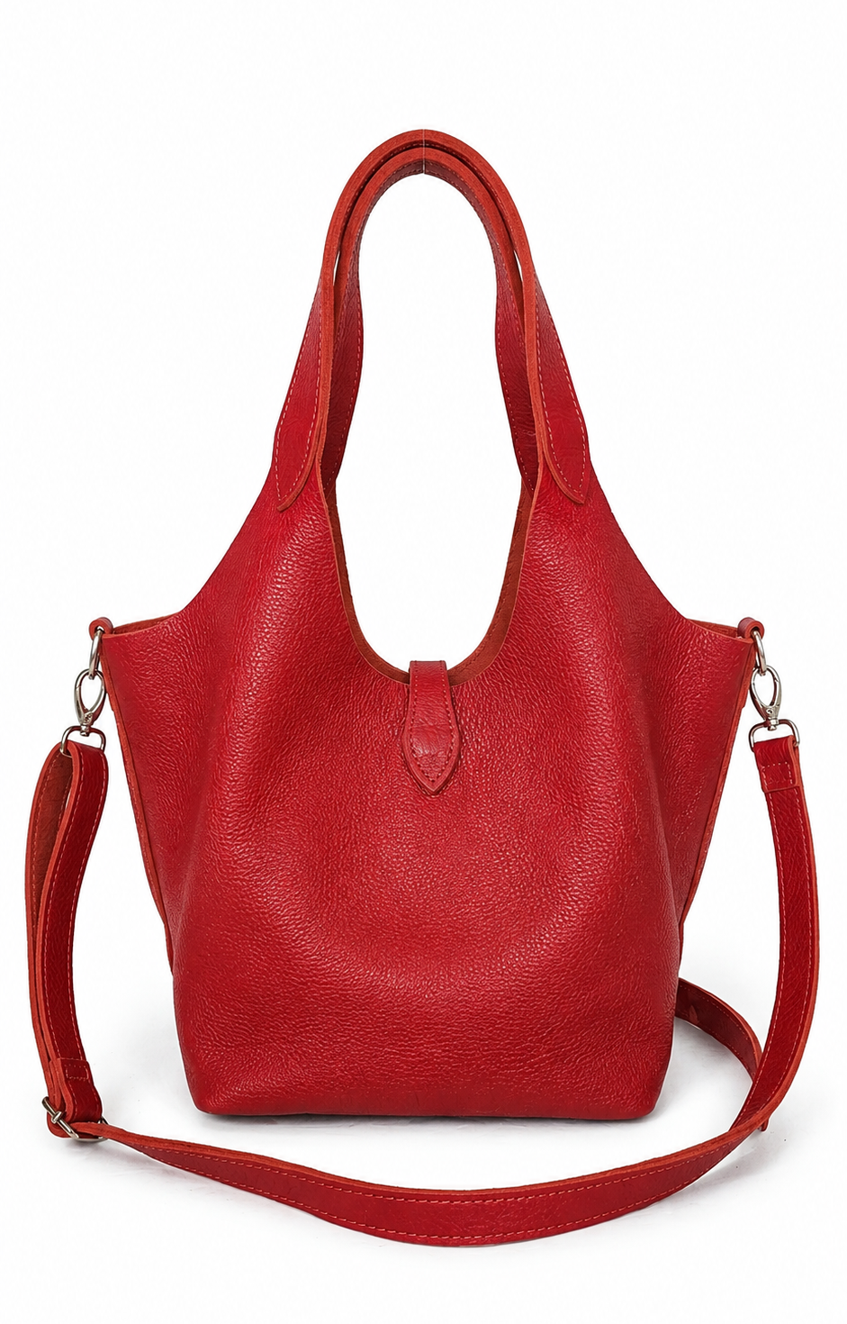 A red pebbled leather hobo-style shoulder bag with dual top handles and a detachable shoulder strap
