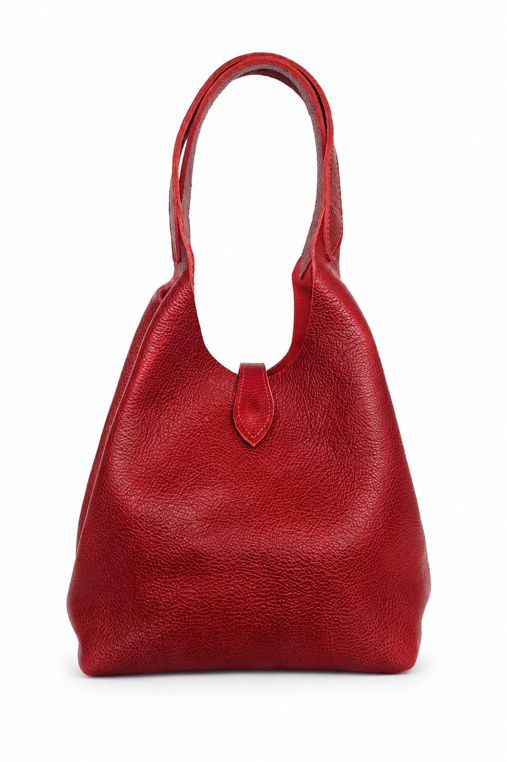 A red pebbled leather hobo handbag with a single shoulder strap