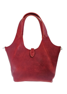 A red leather hobo-style shoulder bag with  double top handles, and a small front tab closure