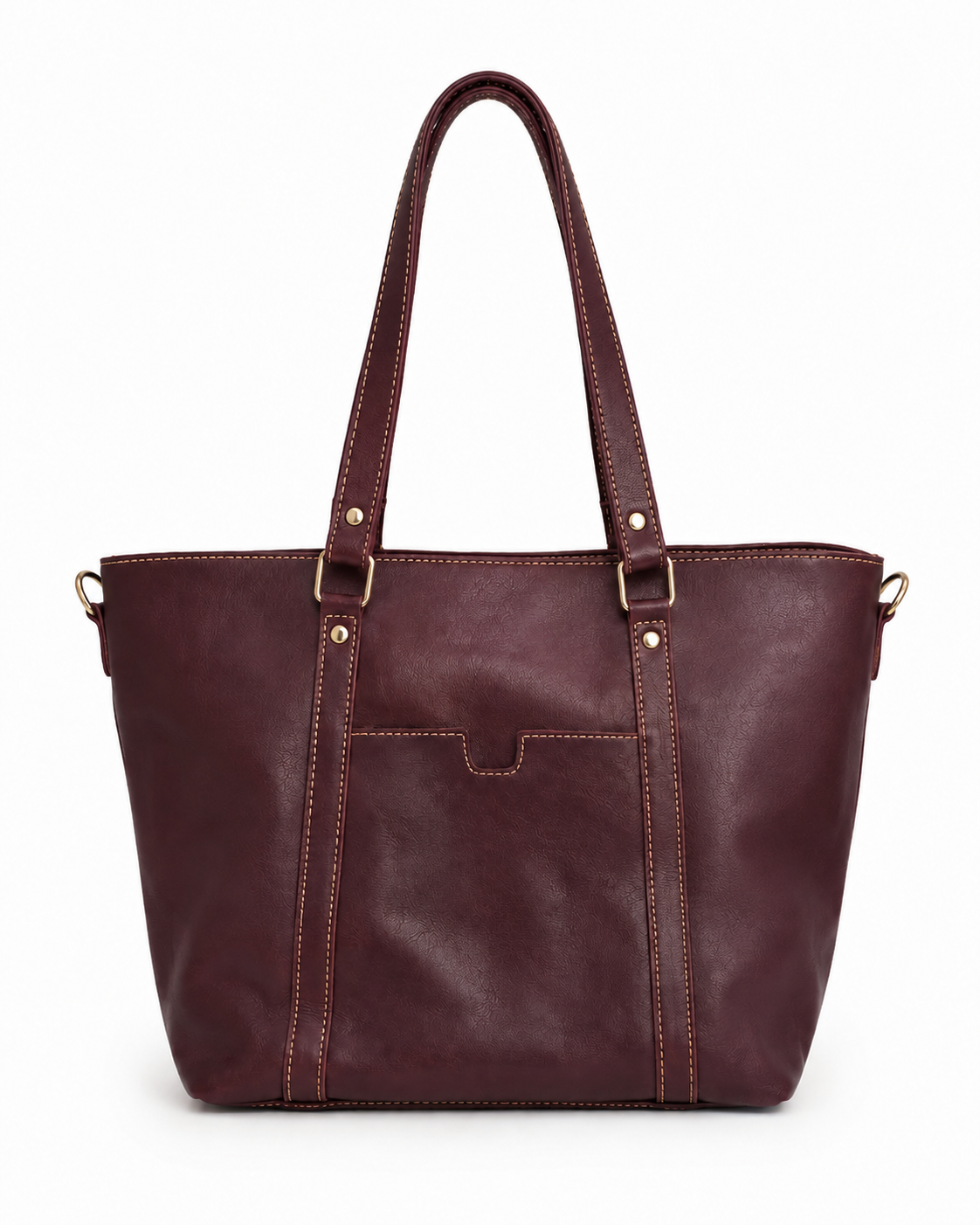 A dark burgundy leather tote bag with double shoulder straps with outside pocket from MBH Leather