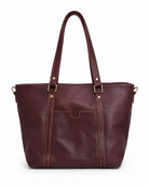 A dark burgundy leather tote bag with double shoulder straps with outside pocket from MBH Leather