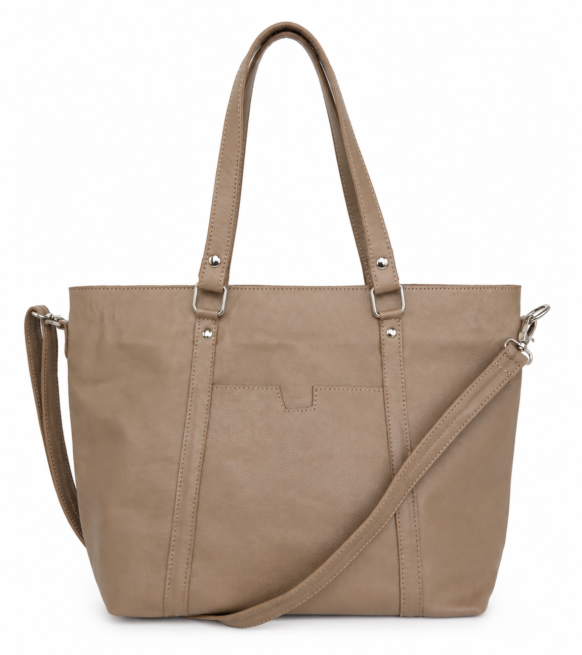 A taupe leather tote bag with crossbody strap and long straps from MBH Leather