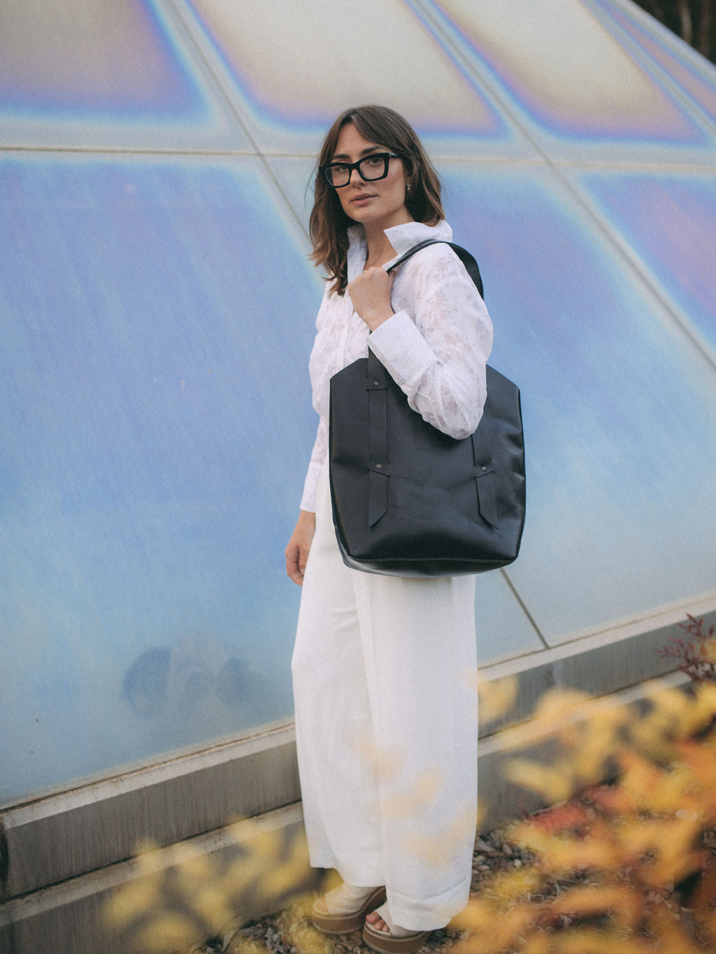Luxury large black leather tote bag for women