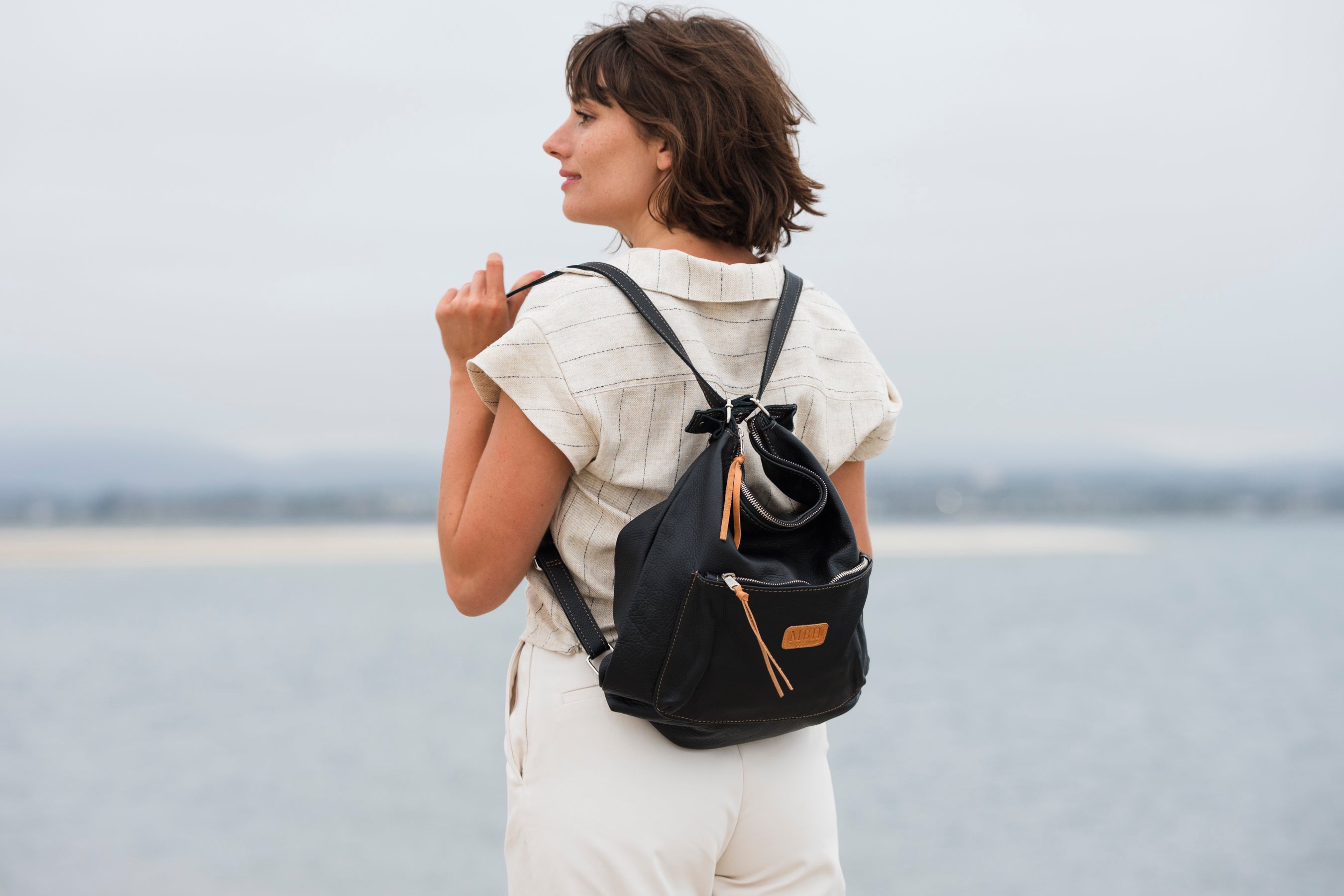 The Luxe Carryall Backpack and Shoulder Bag - Black by MBH Leather, product view 3