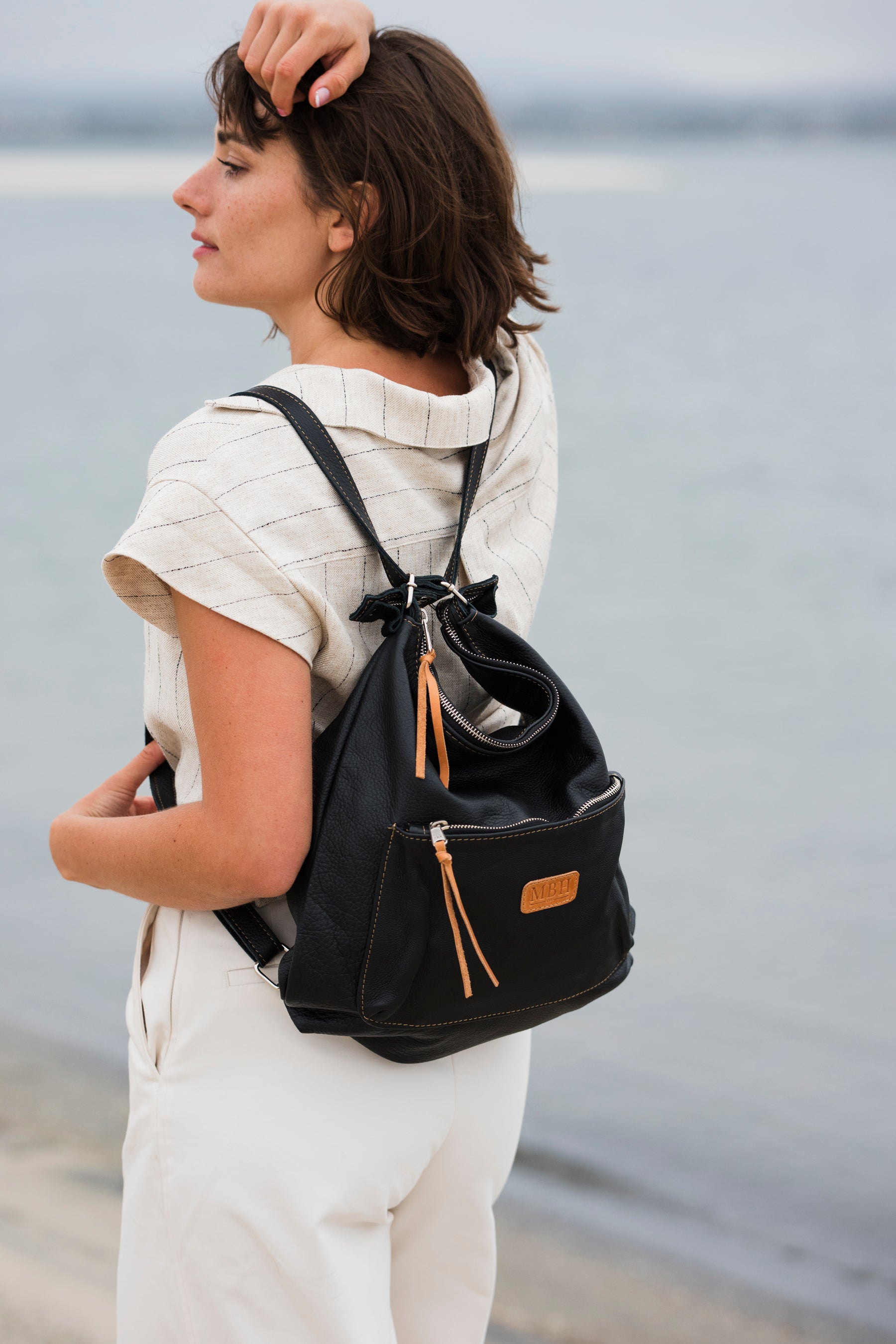 The Luxe Carryall Backpack and Shoulder Bag - Chestnut by MBH Leather, product view 5