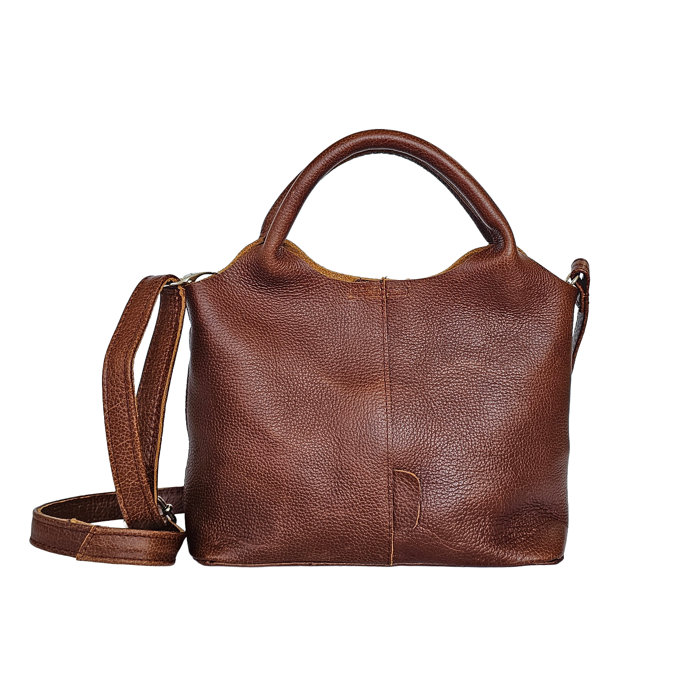 Brown leather handbag with a strap on a white background