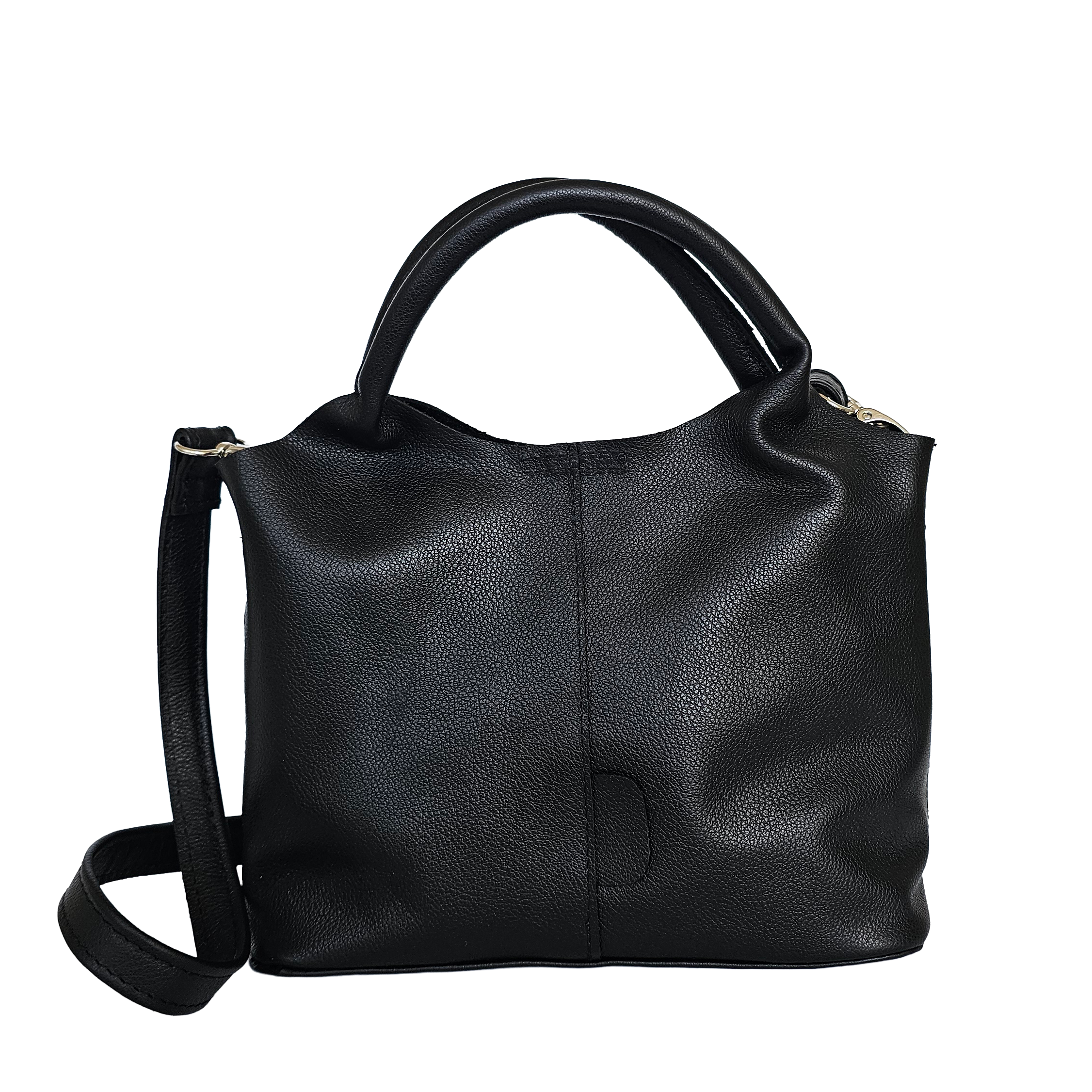 Black leather crossbody with a shoulder strap on a white background