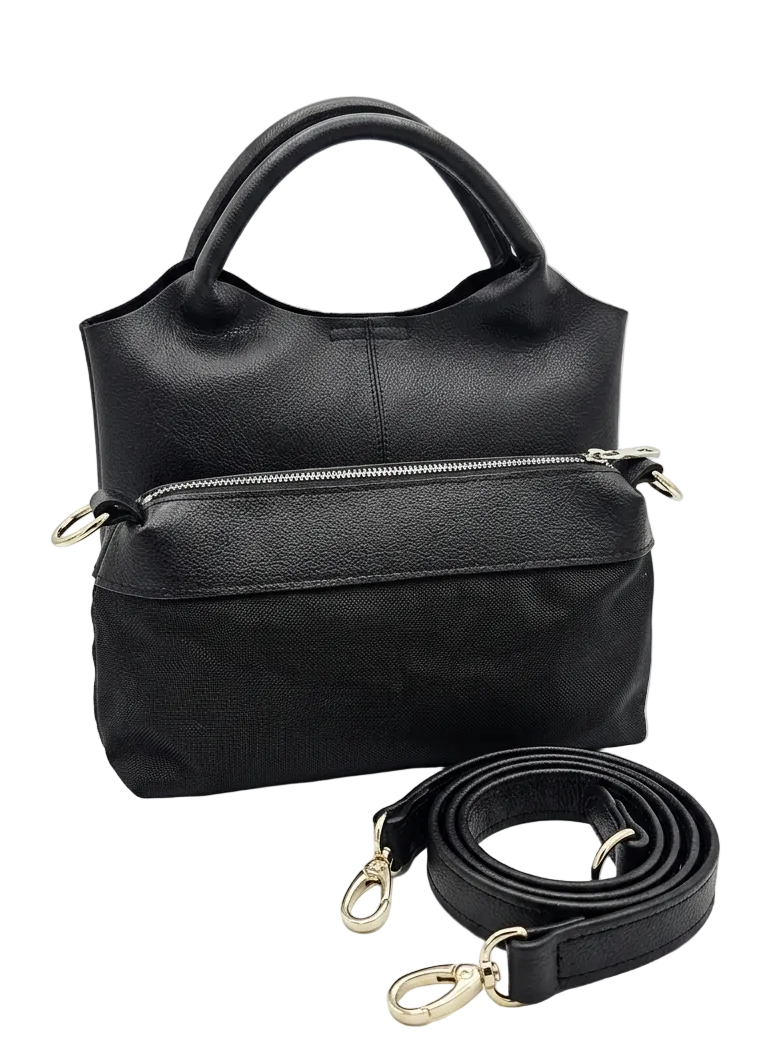 Black leather handbag with a strap on a white background