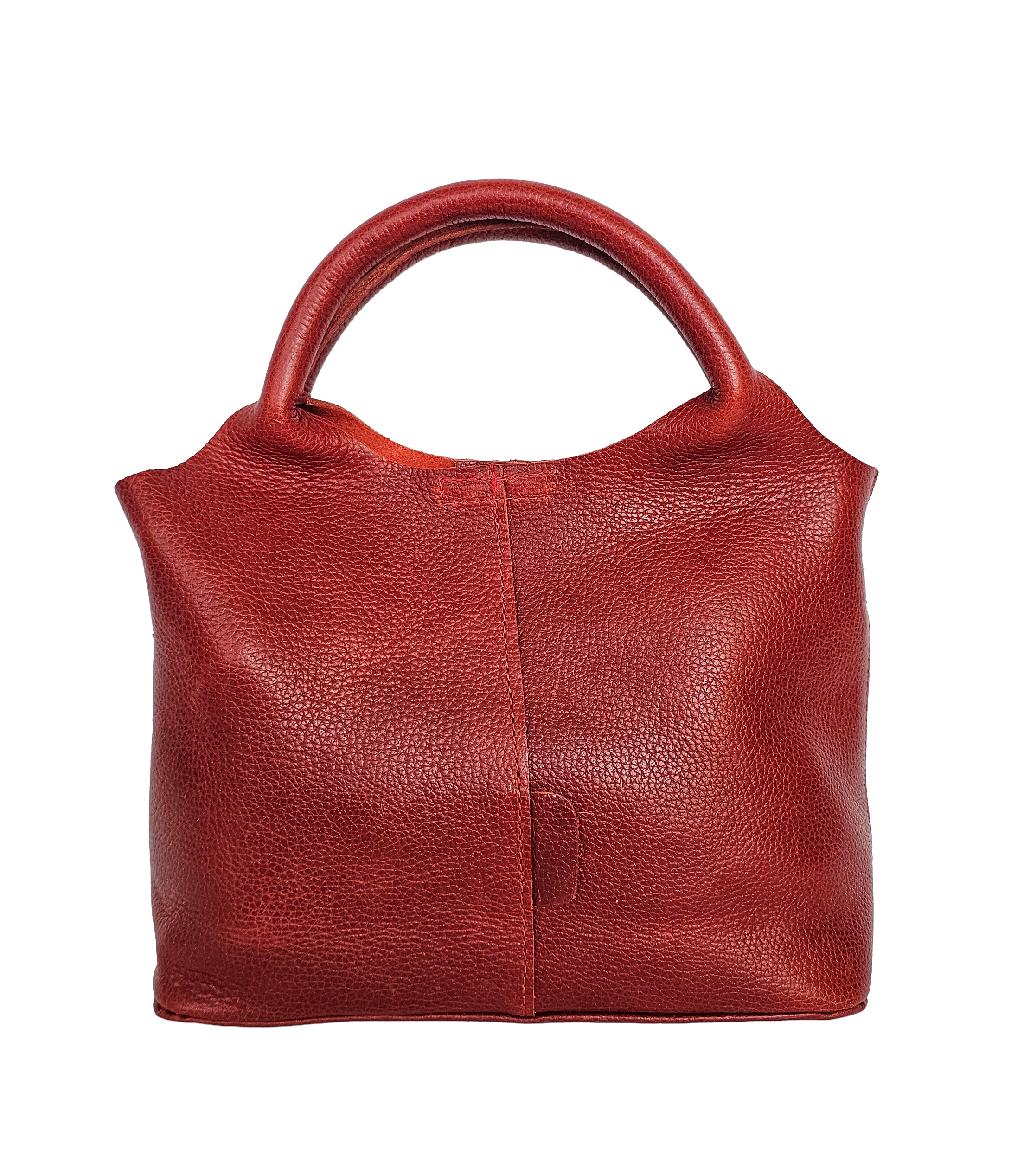 Red leather handbag on a white background