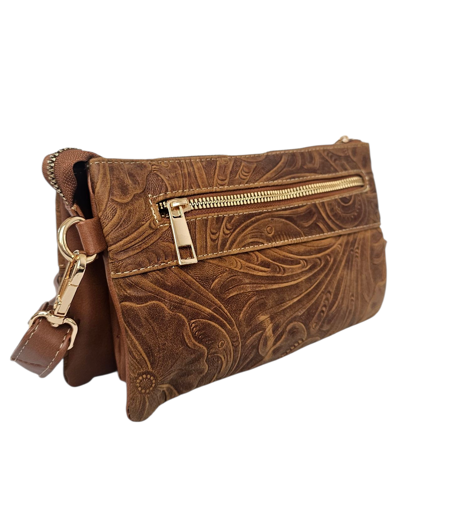 Brown leather handbag with intricate patterns and a gold zipper on a white background